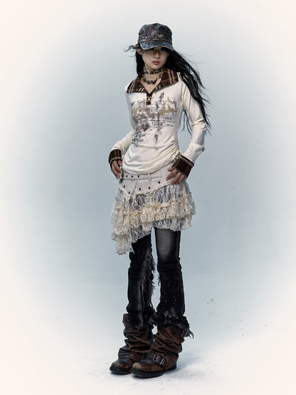 Beige Lace Asymmetrical Hem Skirt with Distressed Trim and Buckle Detail