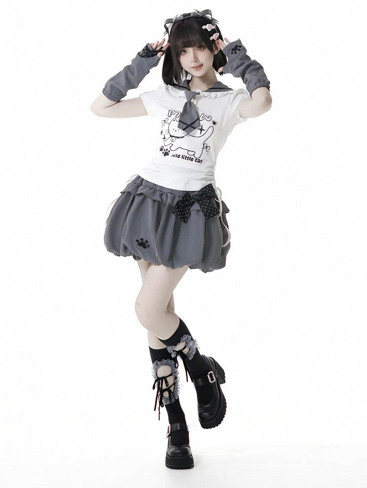 Cat Paw Embroidery Gray Bubble Skirt