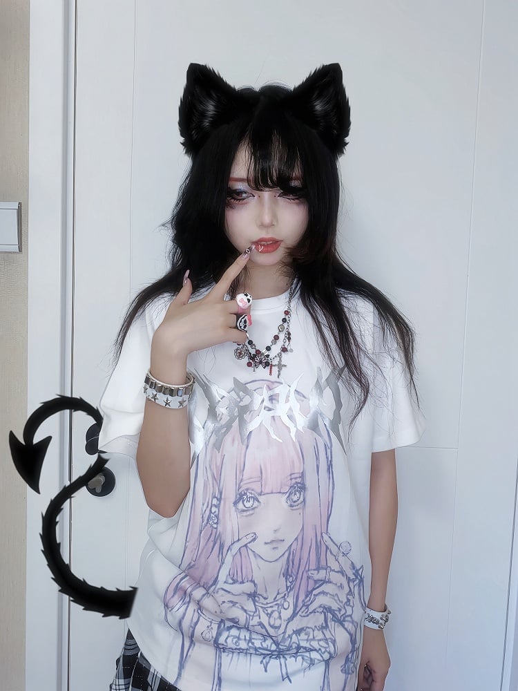 Girl Print White T-shirt Jirai Kei Top