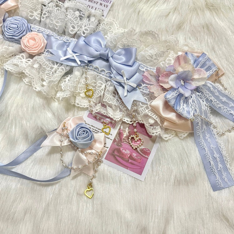 White&Blue Beaded And Heart Charm Bowknot Details Ruffled Hairband + Floral Design Bowknot Choker