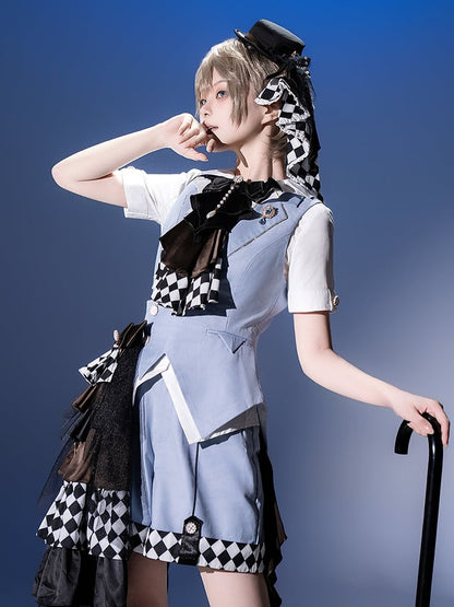 Prince Style Ouji Lolita Handkerchief Hem Light Blue Checked Pattern Shorts