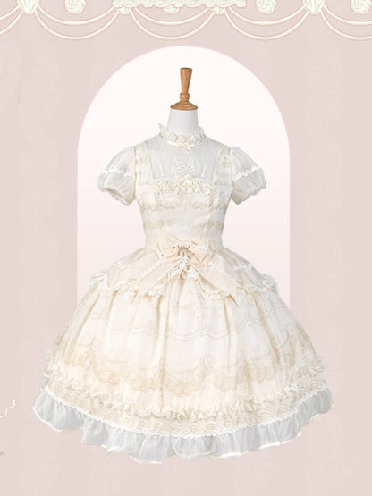 Creamy White Illusion Neckline Short Sleeves Lolita One Piece