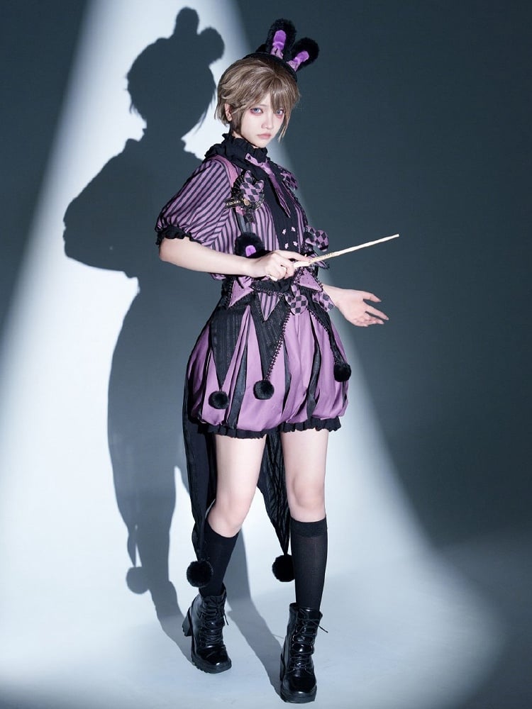 Clearance-Size L for Bust 100CM Kuromi Black and Purple Bunny Theme Circus Vibes Ouji Lolita Striped Pattern Top + Waist 64-74CM Bloomers Set