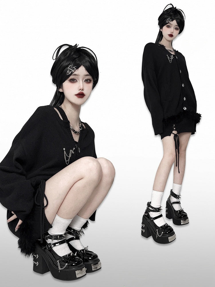 Studs and Chains Black Gothic Punk Platform Block High Heels Ankle Straps