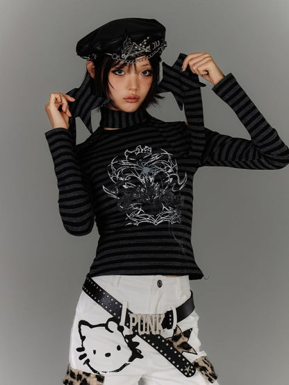 Punk Black & Gray Striped Cutout Shoulder Graphic Top with Star Scarf