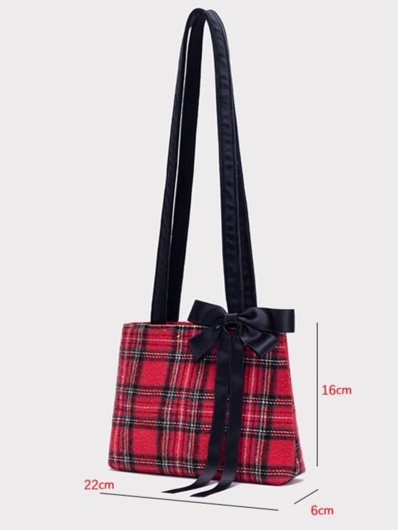 Chic Red Plaid One-Shoulder Mini Tote With Detachable Black Bow