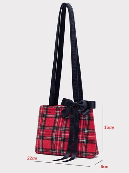 Chic Red Plaid One-Shoulder Mini Tote With Detachable Black Bow