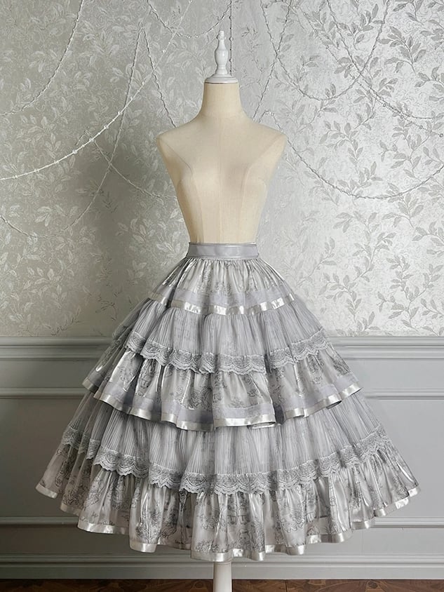Silver Gray Bunny and Kitty Print Lolita Tiered Skirt