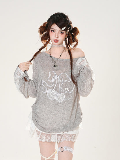 Cherry Embroidery Lace Patches Sleeves Gray Round Neck Coverup