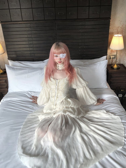 Apricot Ankle-Length Tiered Bubble Skirt with Ruffled Hem