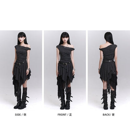 Studded Asymmetrical Neckline Cascading Ruffles Dress with Buckle Belt