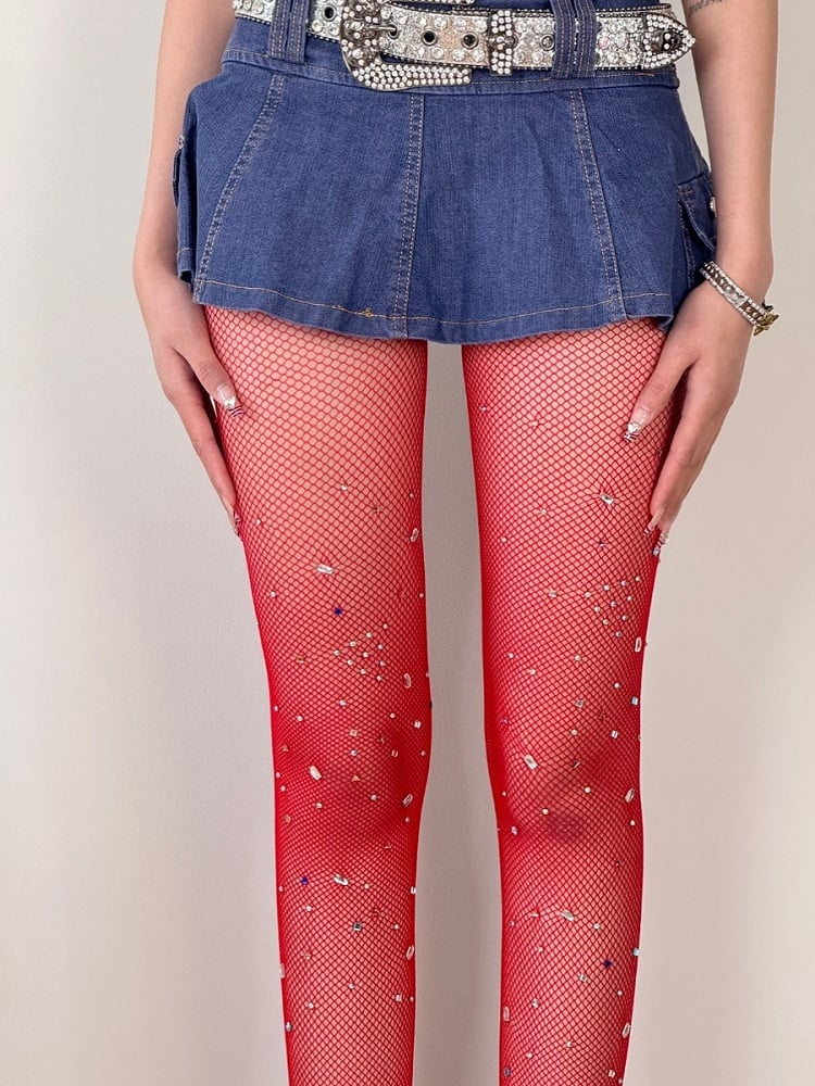 Black/White/Brown/Red Y2K Rhinestone Decorated Fishnet Design Tights