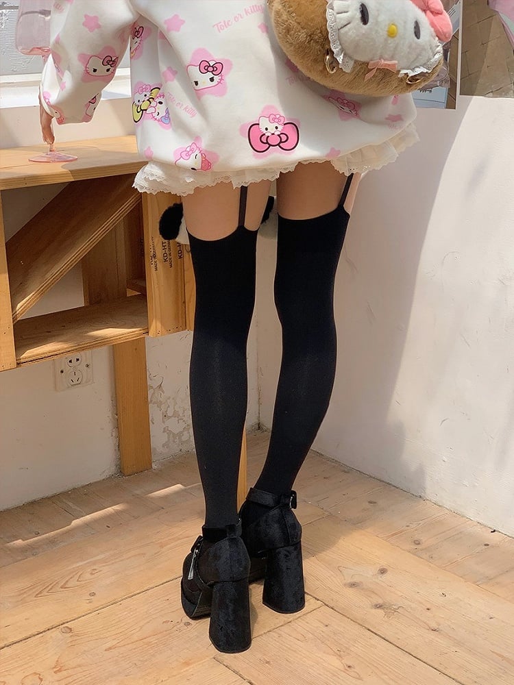Kitty/Dog Decoration Black/White Suspender Tights