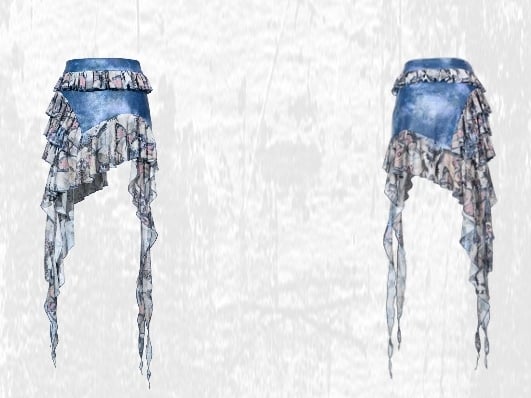 Grunge Punk Rock Fairy Style Blue Butterflies Print Tiered Ruffles Asymmetrical Hem Patchwork Skirt