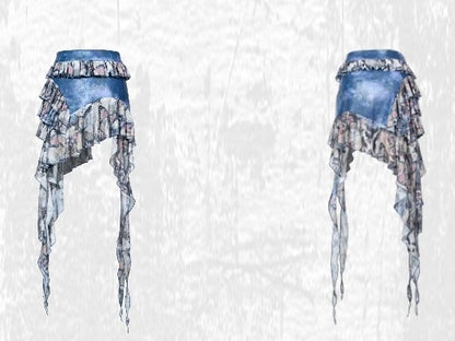 Grunge Punk Rock Fairy Style Blue Butterflies Print Tiered Ruffles Asymmetrical Hem Patchwork Skirt