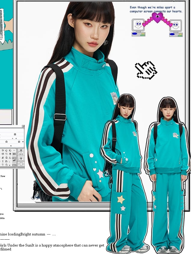 Blue High Neck Sporty Sweatshirt with Side Stripes