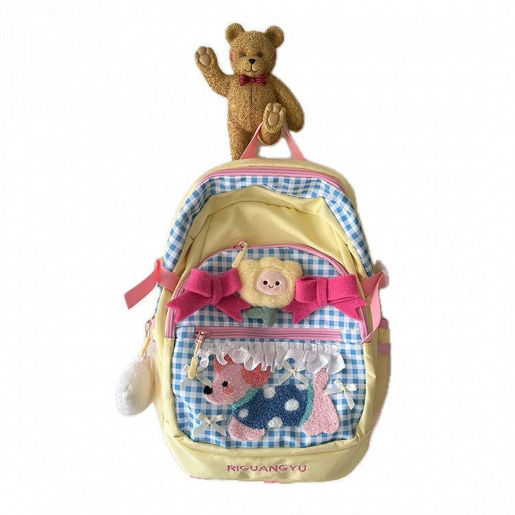 Yellow & Blue Plaid Preppy & Sporty Backpack with Plush Puppy Applique