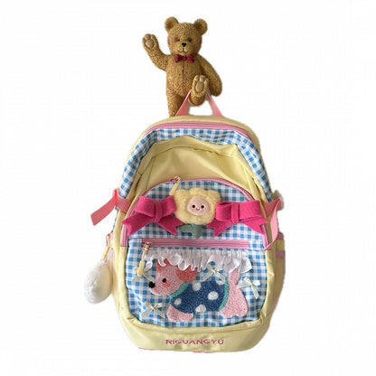 Yellow & Blue Plaid Preppy & Sporty Backpack with Plush Puppy Applique