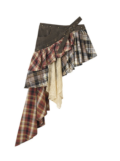 Waist Belt Design Red and Brown Punk Asymmetrical Plaid Skirt with Studs