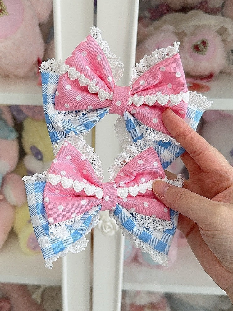 5 Color Options Lace Trim Plaid And Polka-dot Pattern Bowknot Hairclip