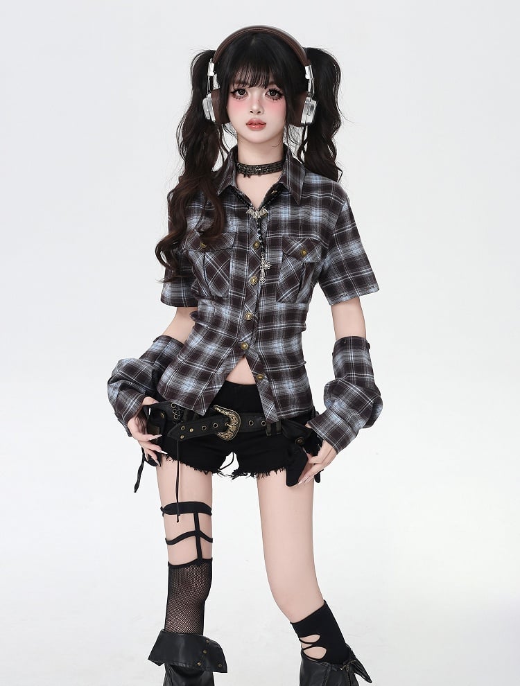 Blue and Brown Plaid Lace-up Back Backless Shirt with Detachable Armwears