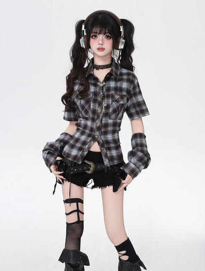 Blue and Brown Plaid Lace-up Back Backless Shirt with Detachable Armwears