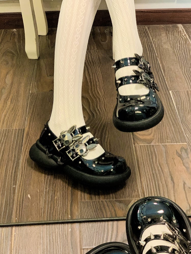 Skeleton Bunny Buckles Polished Black Punk Mary Janes
