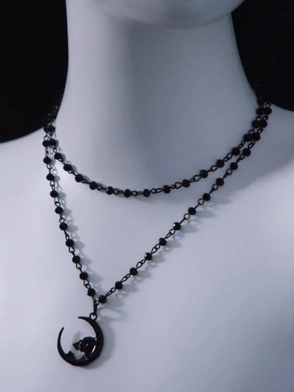 Gothic Moon Pendant Black Double Layers Beads Necklace