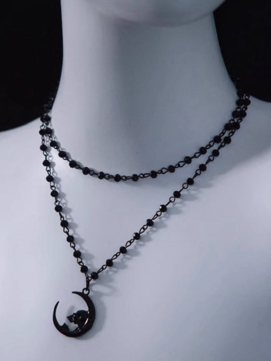 Gothic Moon Pendant Black Double Layers Beads Necklace