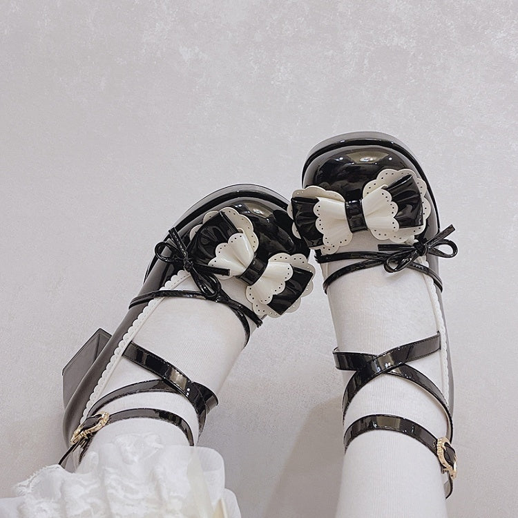 Bow Accents Crisscross Ankle Strap Black Round Toe Sweet Mary Janes