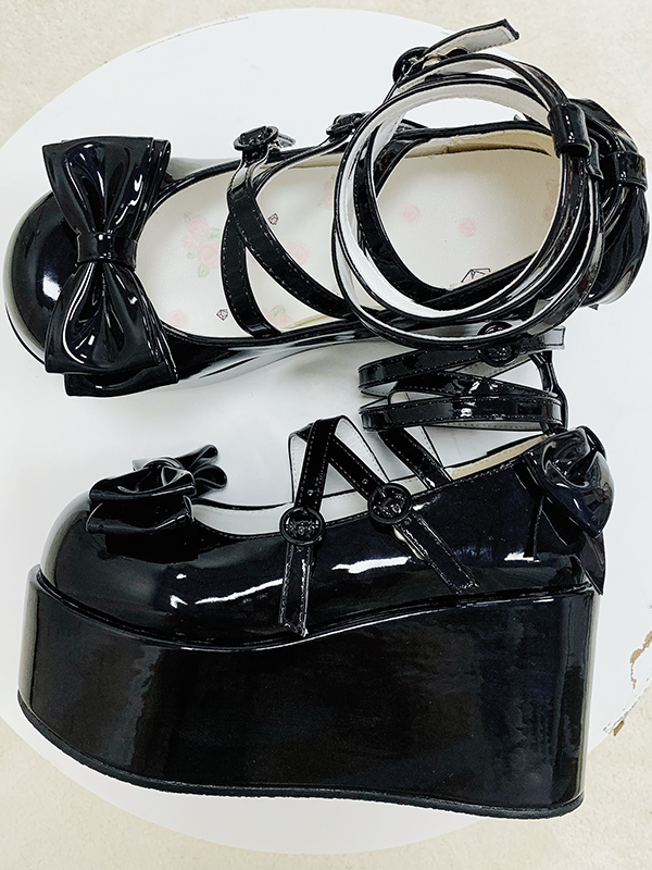 Black Bowknot Buckle Straps Round Toe Platform Lolita Shoes