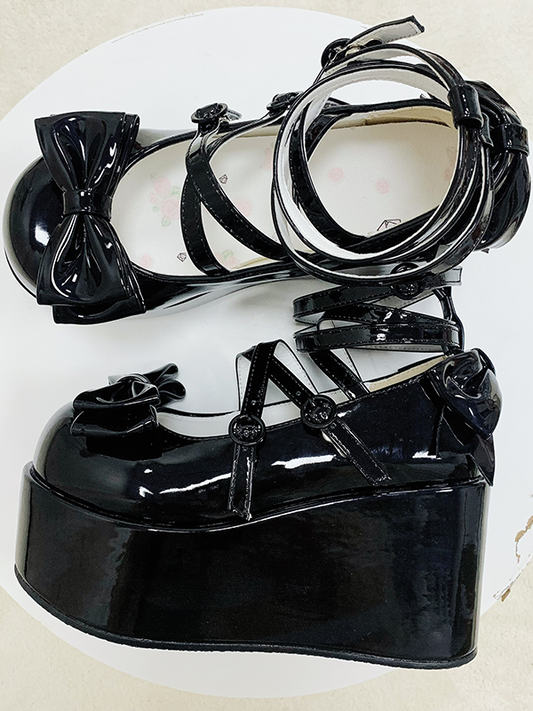 Black Bowknot Buckle Straps Round Toe Platform Lolita Shoes