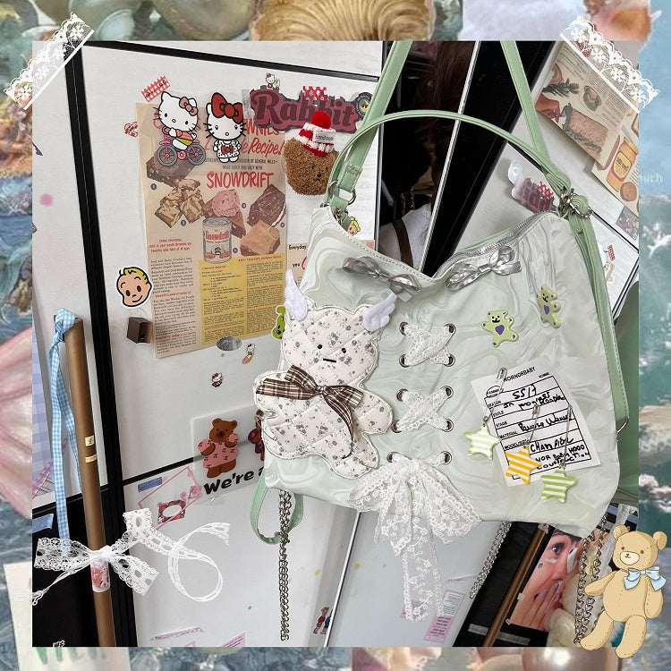 Y2K Light Green Convertible Bag with Quilted Bear Applique & Lace-Up Detail