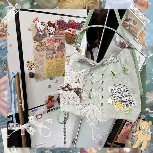 Y2K Light Green Convertible Bag with Quilted Bear Applique & Lace-Up Detail