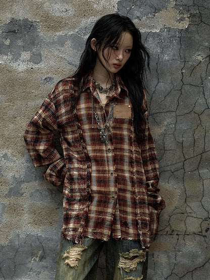 Red and Brown Plaid Punk Faded Wash Shirt Frayed Hem