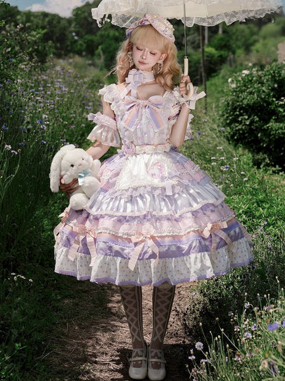 Purple Taro Paste Cake Bow Accents Tiered Skirt Sweet Lolita JSK Full Set