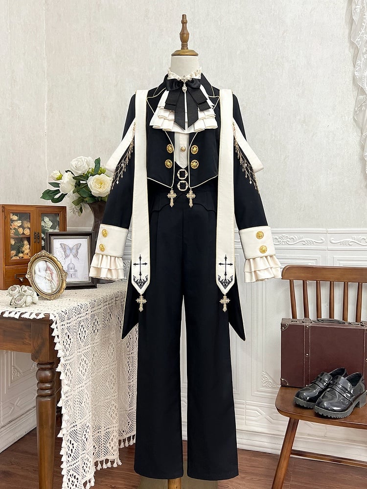 Clearance-Size L for Bust 98CM Black Ouji Lolita Cross Chains and Charms Decorated Stole Swallow Tail Blazer Coat