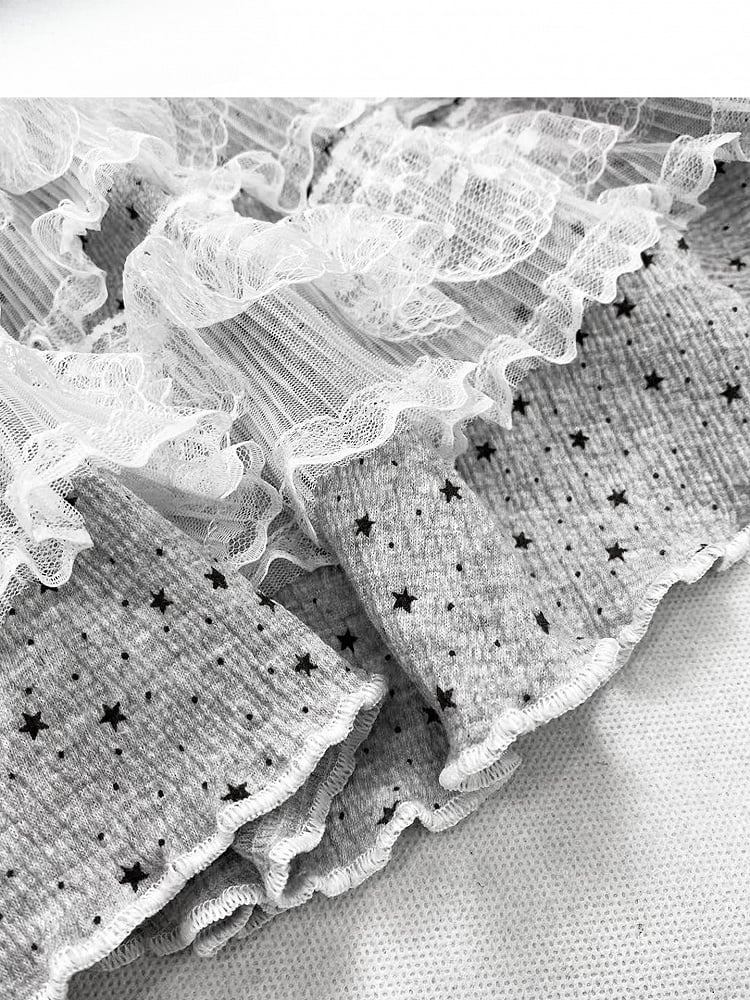 Gray Y2K Bittersweet Wide-leg Cut Pants + Polka-dot Pattern Lace Trim Tiered Skirt