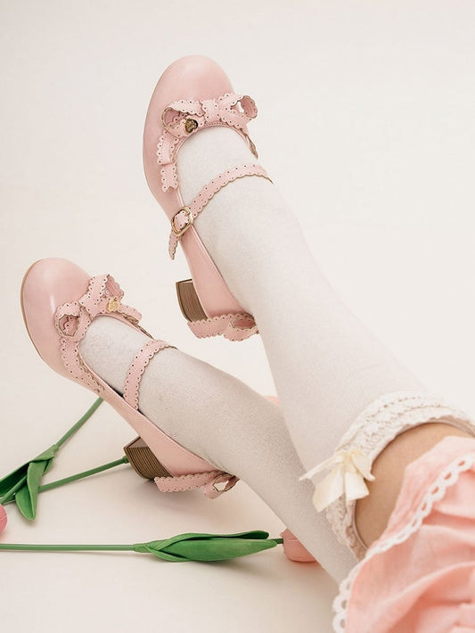 Pink Heart Decorated Bow at Top Mary Janes