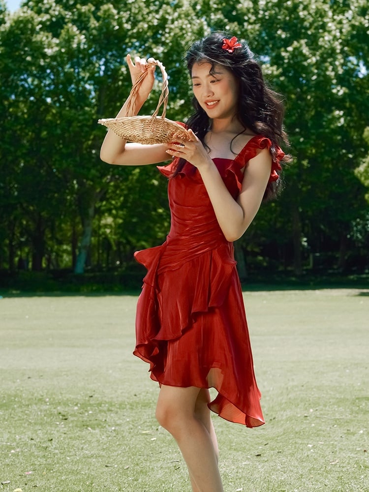 Red Vintage Flutter Sleeves Summer Dress