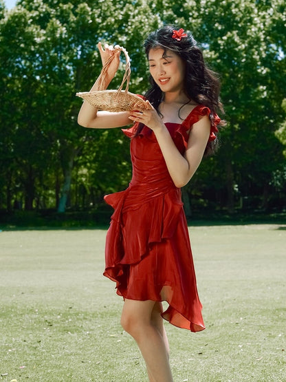 Red Vintage Flutter Sleeves Summer Dress