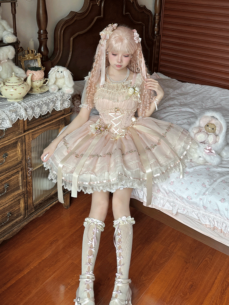 Pink Ribbon Bowknots Decoration Boned Waist Balletcore Sweet Lolita Dress Flutter Sleeves JSK