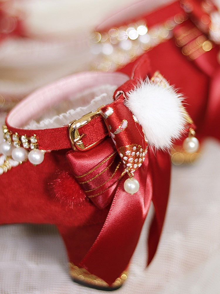Red Bow Accents Cheongsam Style Lolita Block Heels
