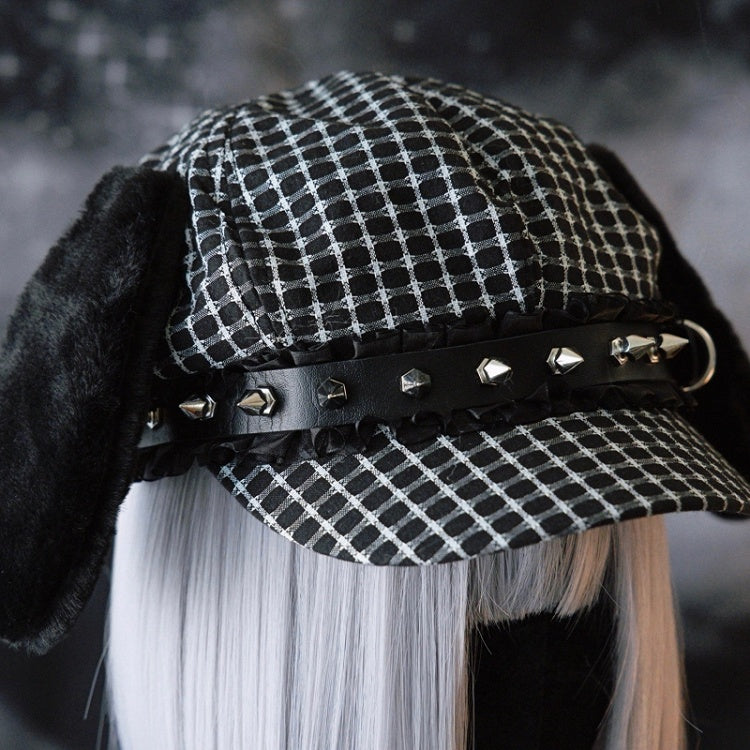 Black Gothic Studs Decorated Buckle Design Plush Puppy Ear Beret Hat