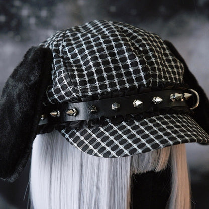 Black Gothic Studs Decorated Buckle Design Plush Puppy Ear Beret Hat