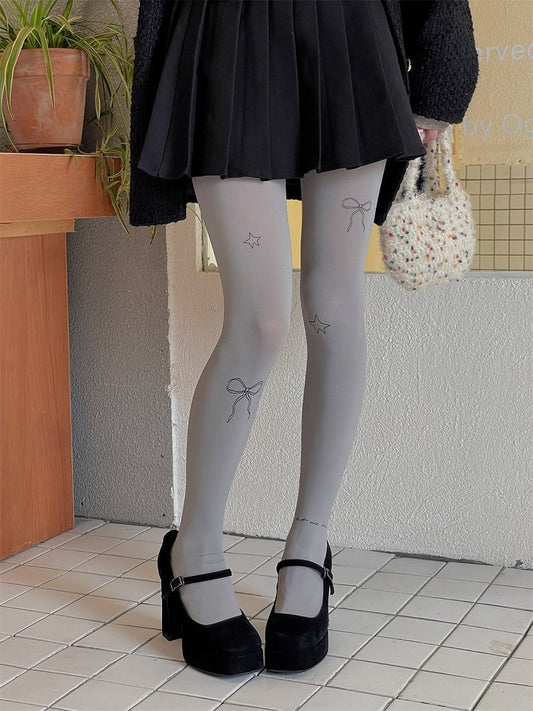 Creamy White/Light Gray/Purple Bowknot and Star Print Pantyhose
