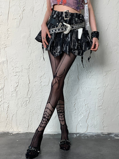 Black Y2K Spider And Spiderweb Pattern Tights