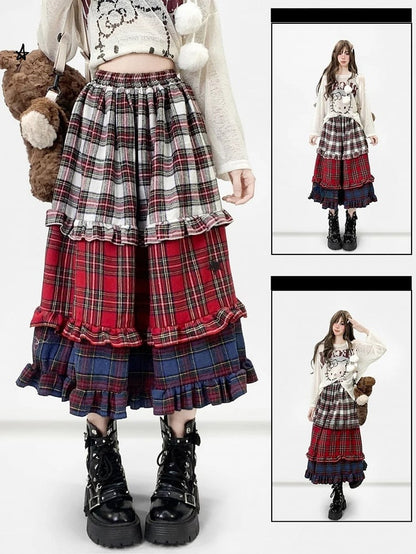 Red Christmas Plaid Pattern Tiered Ruffles Skirt