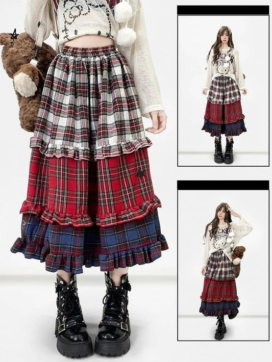 Red Christmas Plaid Pattern Tiered Ruffles Skirt