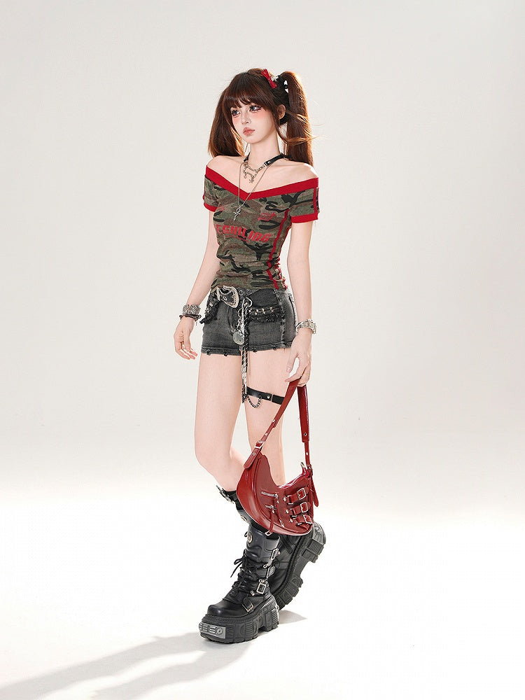 Black Low Rise Stud Details Distressed Denim Shorts with Buckle Belt